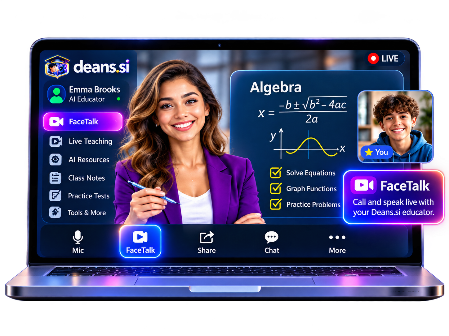Deans.si AI educator teaching algebra through the FaceTalk laptop presentation