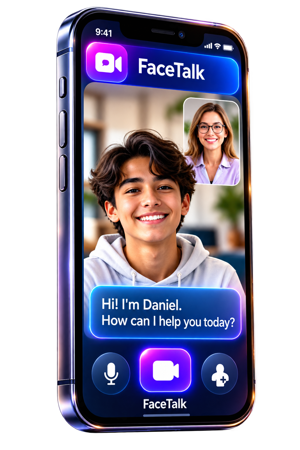 FaceTalk mobile learning presentation with a student and AI educator